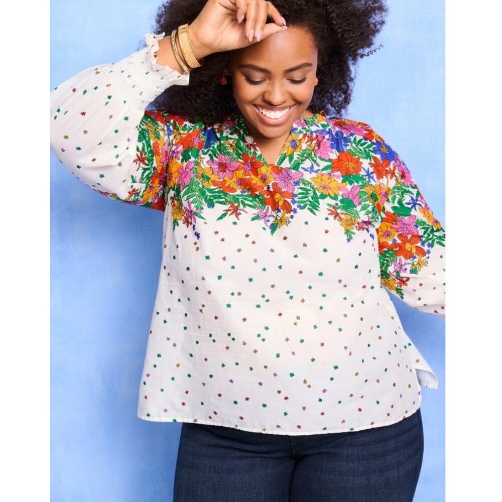 Talbots Bilissful Floral Smocked Cuff Peasant 100% Cotton blouse sz‎ 1 X NWT